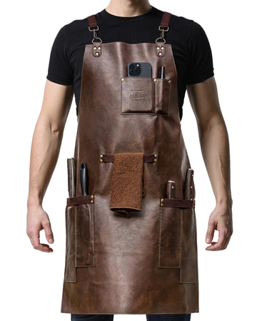 SYOKAMI Bonded Leather Chef Cooking Apron for Men, Cross Back Apron for All-Day Comfort, Waterproof Apron with Multiple Pockets, Great for Kitchen, Garden, BBQ, Butcher Work or Crafts, Ideal Gift