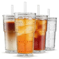INSETLAN 20oz Hobnail Glass Cups with Lids and Glass Straws – 4 Pieces, Thick-Walled Glass Tumblers for Iced Coffee, Smoothies, Milk, Water, Juice, and More – Elegant and Durable Drinking Glasses