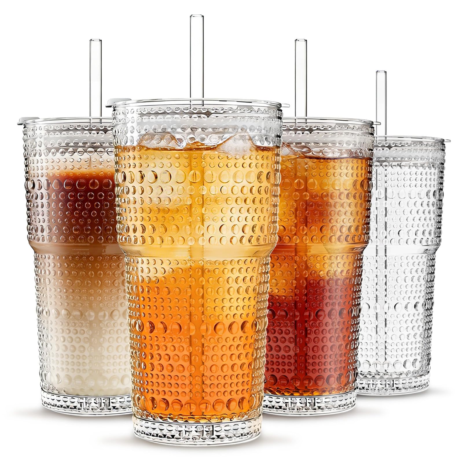 INSETLAN 20oz Hobnail Glass Cups with Lids and Glass Straws – 4 Pieces, Thick-Walled Glass Tumblers for Iced Coffee, Smoothies, Milk, Water, Juice, and More – Elegant and Durable Drinking Glasses