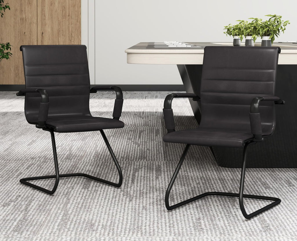 Cimota Waiting Room Chairs Leather Office Guest Chair Mid Back Reception Chairs with Sled Base for Meeting/patient/conference Room, Retro Black