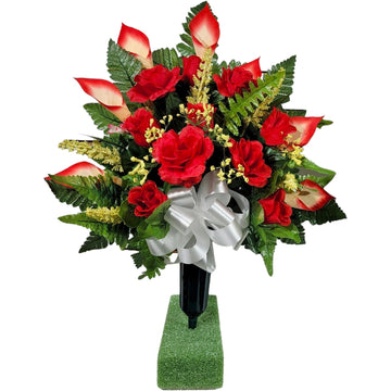 Realistic Artificial Cemetery Flowers - Silk Faux Floral Red Rose and Calla Lily Bouquet for Grave - Headstone Decoration - Memorial Flowers