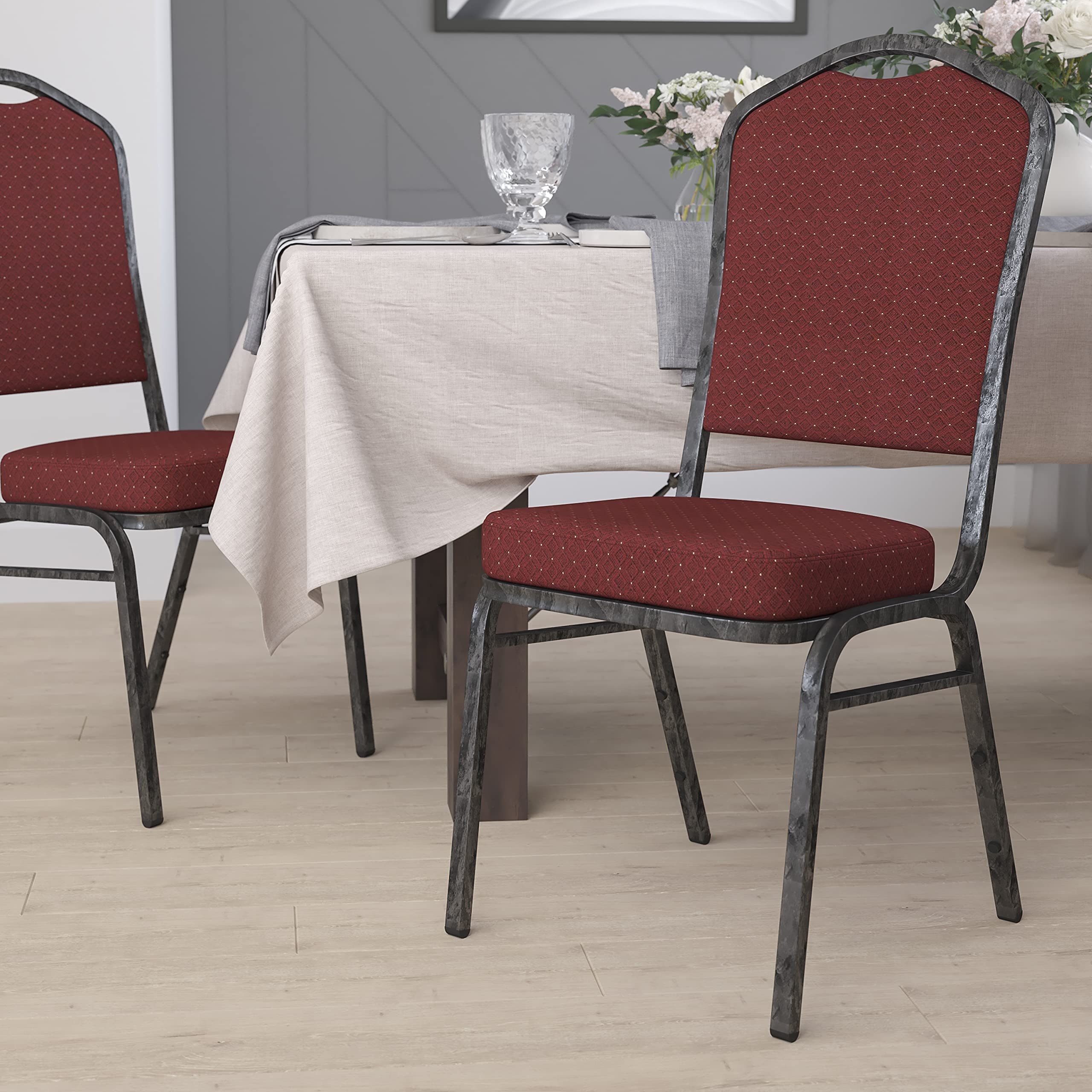 Flash Furniture Hercules Crown Back Stackable Banquet Chair, Burgundy, Set of 1, Burgundy Patterned Fabric/silver Vein Frame