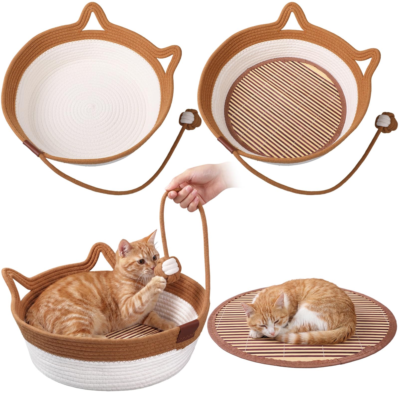 Novabright 2 Pack Handwoven Cat Basket Include 2 Pcs 16.5 x 13.8 x 5.5 Inch Breathable Cat Bed with Tail and 2 Pcs Cooler Mats, Scratchable Basket for Cats, Puppies, Rabbits, and Small Pets