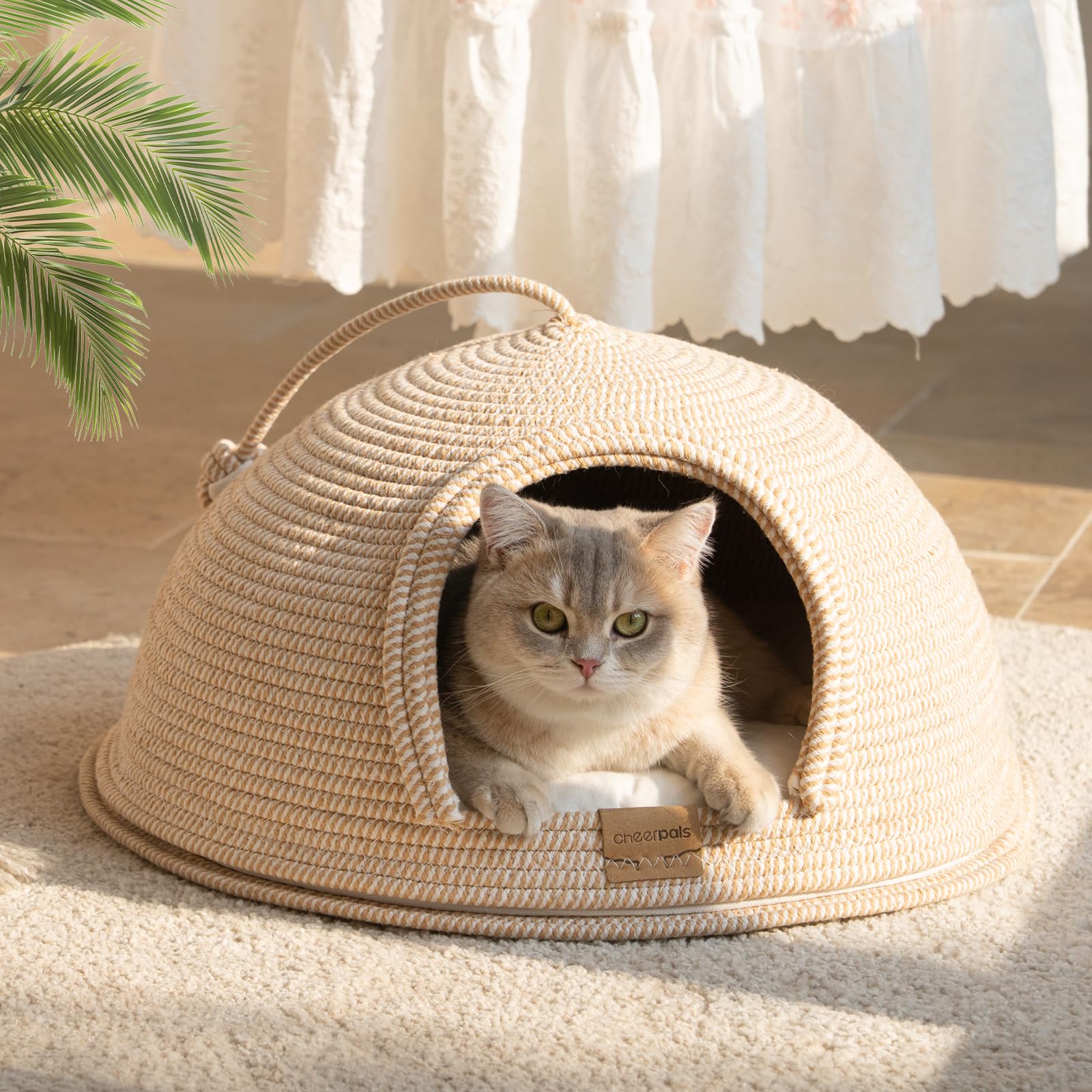 Cat Cave Bed with Washable Cushion and Ball, Handwoven Cotton Rope Cat Basket Bed for Indoor Cats Bed Covered, 3-in-1 Scratching, Playing & Sleeping, All Season Universal(White)