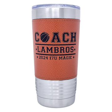 Personalized Basketball Drink Tumbler! Insulated Leatherette Travel Mug with real leather texture, Personalized Basketball Gift, 20oz