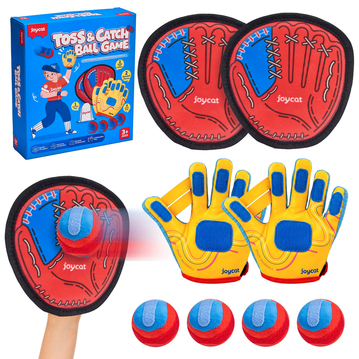 JoyCat Toss and Catch Ball Game with 2 Gloves for Kids & 2 Paddles for Adult or Kids, Outdoor Toys for Family Camping, Beach & Yard Games, Toddler Baseball Glove, Gifts for 3-12 Year Old