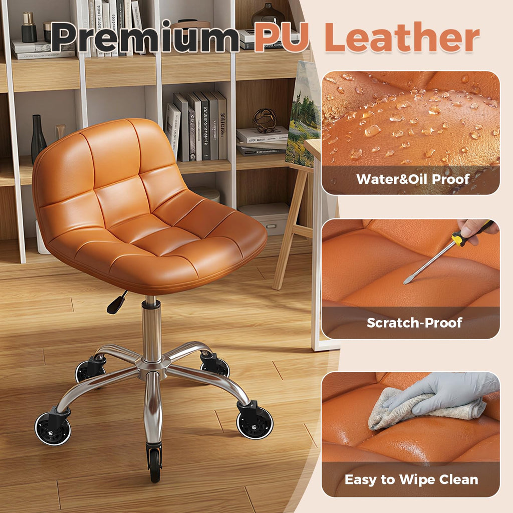 Rolling Stool Chair with Wheels, Height Adjustable Stool with Back Support, Office Drafting Chair with Pu Leather Cushion for Home Office