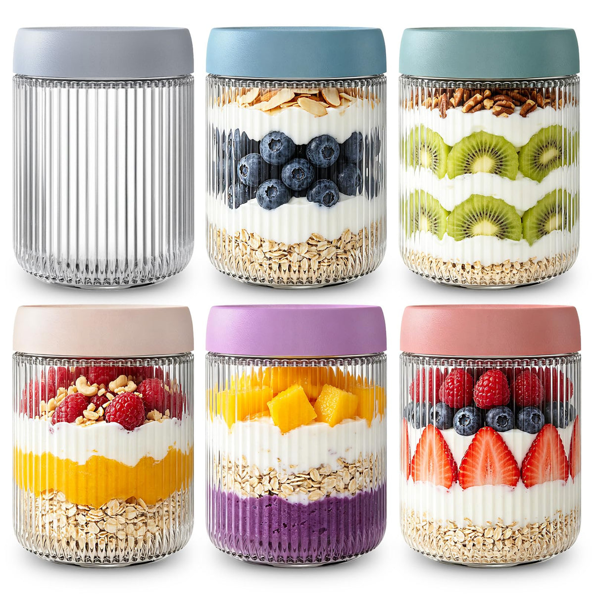 16oz Glass Overnight Oats Containers with Lids – 6 Pack, Ribbed Glass Mason Jars for Meal Prep, Glass Food Storage Containers for Chia Pudding, Yogurt, Snacks, Fruit & Vegetables, Milk