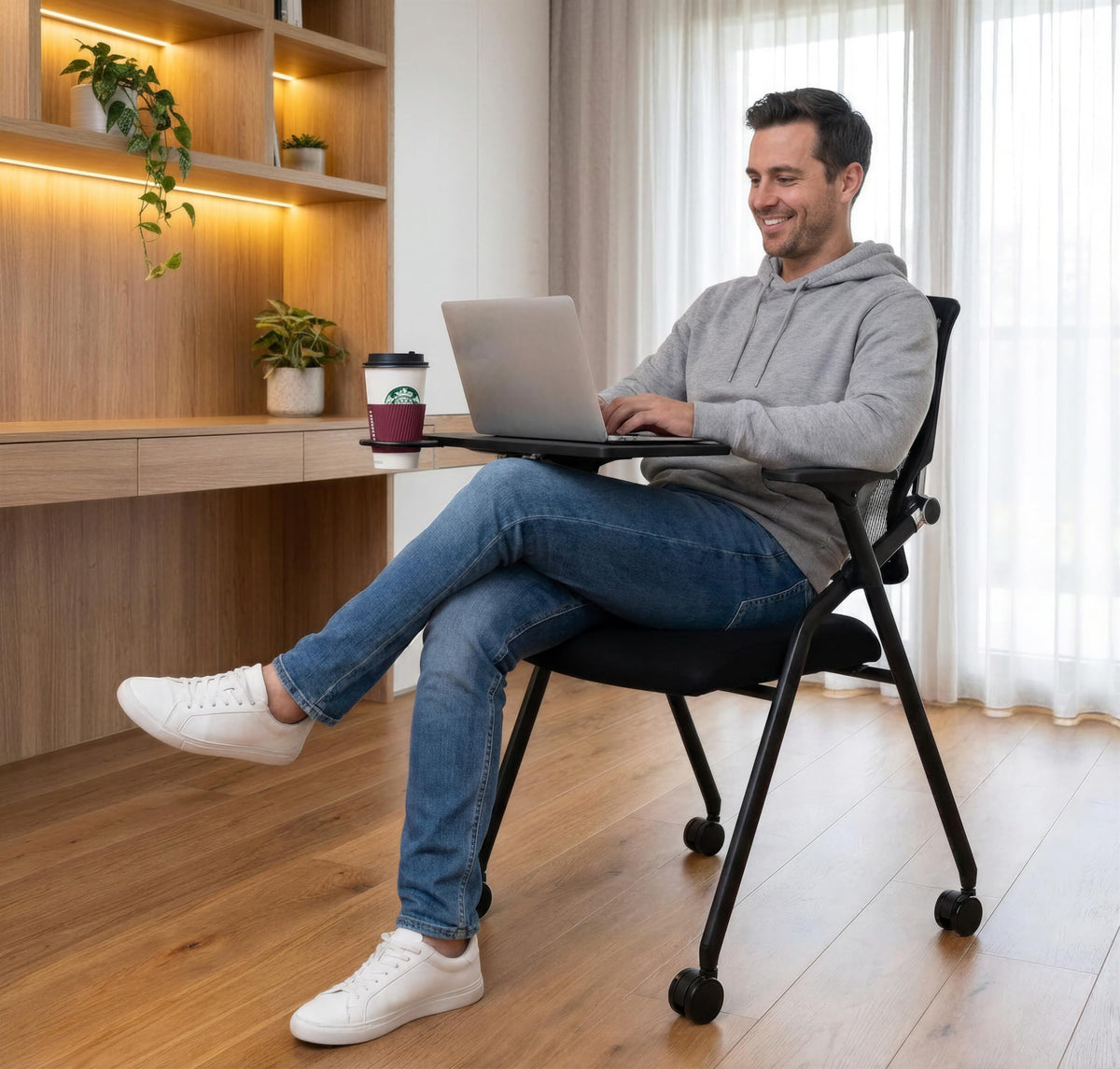 Blaneduo Updated Conference Room Chairs with Tablet Arm, Folding Office Desk Chair with Lumbar Support and Sliding Armrest with Casters,