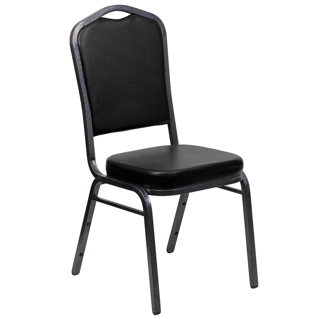 Flash Furniture Hercules Vinyl Crown Back Stackable Banquet Chair, Silver, Set of 1, Black Vinyl/silver Vein Frame