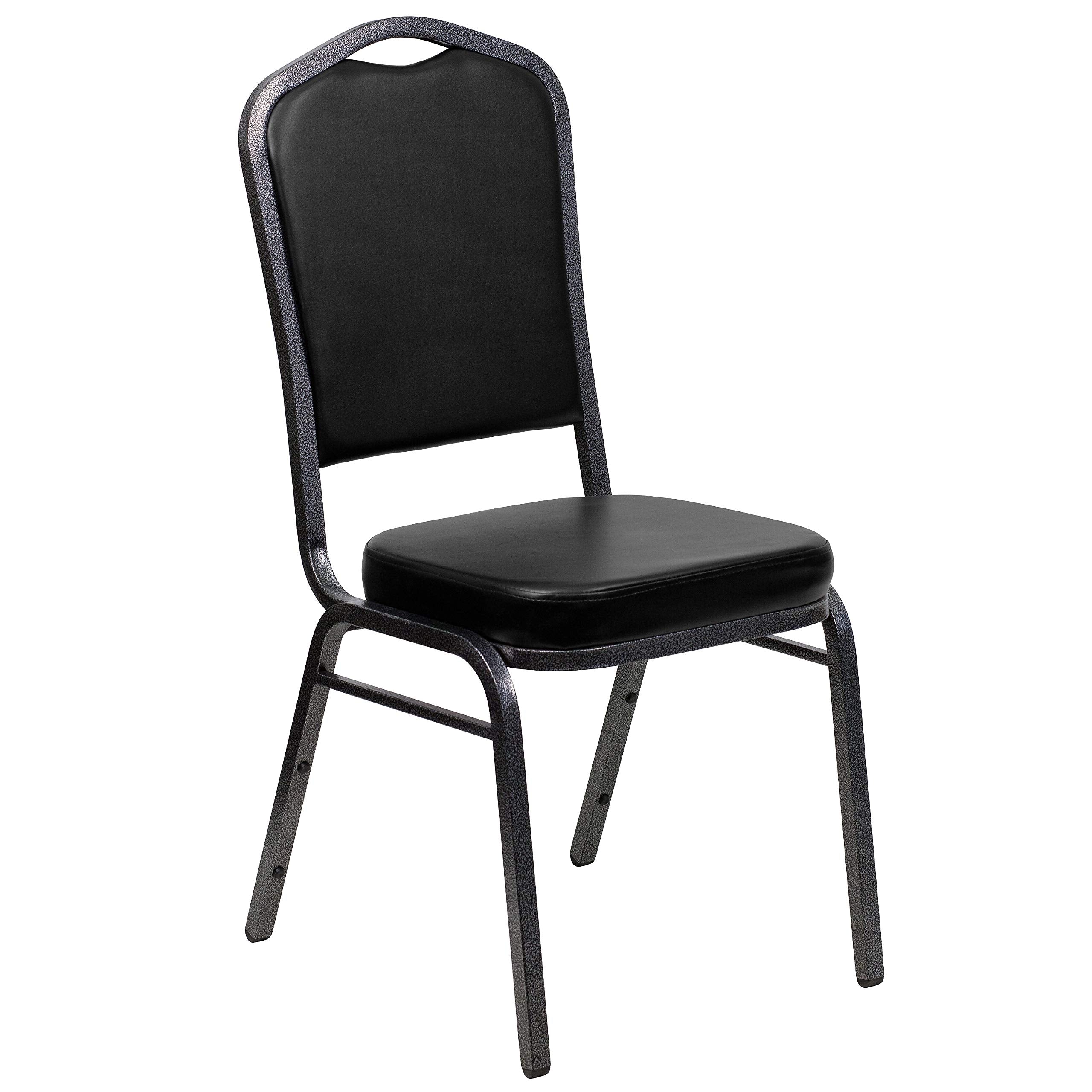 Flash Furniture Hercules Vinyl Crown Back Stackable Banquet Chair, Silver, Set of 1, Black Vinyl/silver Vein Frame