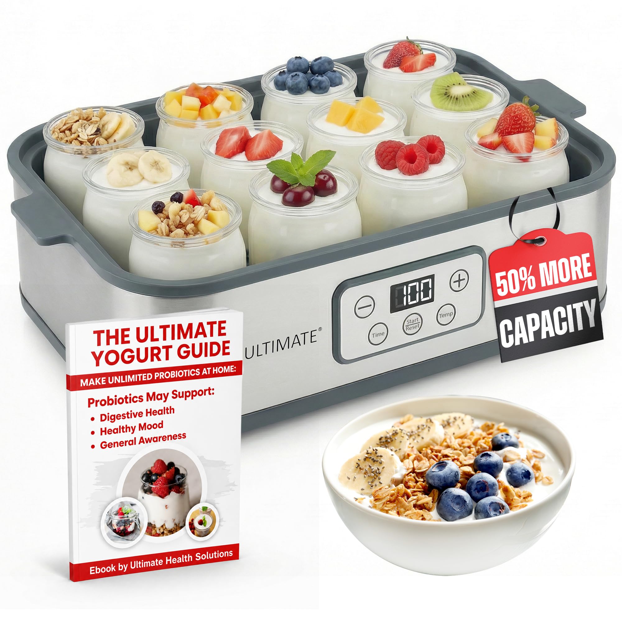 Ultimate Probiotic Yogurt Maker Machine XL, Adjustable Time & Temperature Control, 50% More Capacity with 12 x 6oz Yogurt Jars, Make Trillions of Probiotics for Gut Health, ULTIMATE LIFETIME WARRANTY