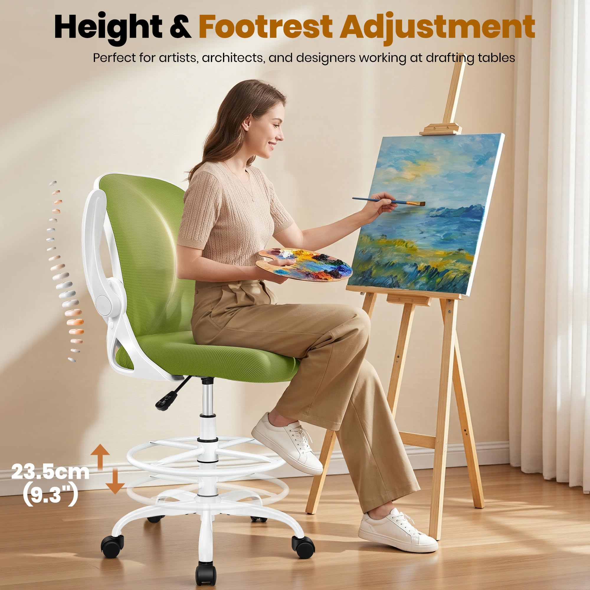 Primy Drafting Chair Tall Office Chair with Flip-up Armrests Executive Ergonomic Computer Standing Desk Chair with Lumbar Support and