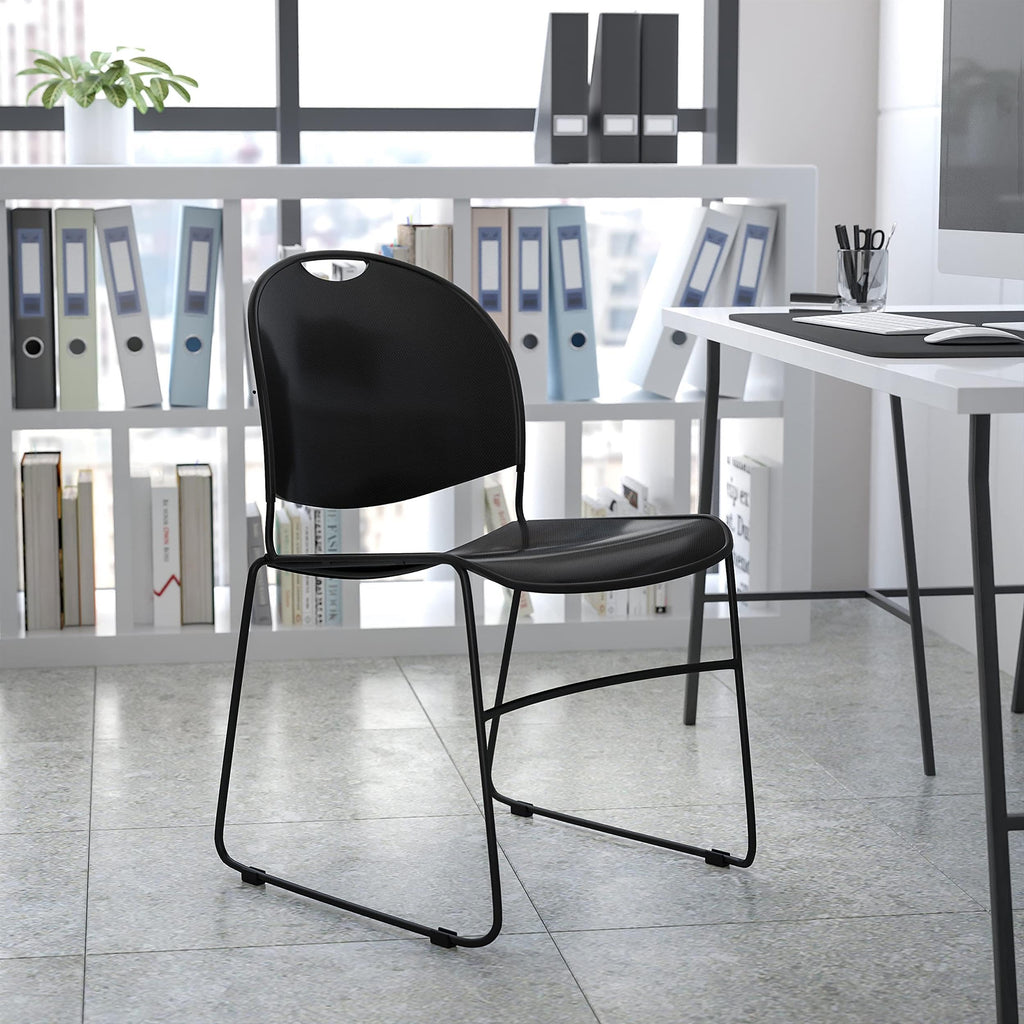 Flash Furniture Hercules Series 880 Lb. Capacity Black Ultra-compact Stack Chair with Black Powder Coated Frame, Set of 1, Black Plastic/black