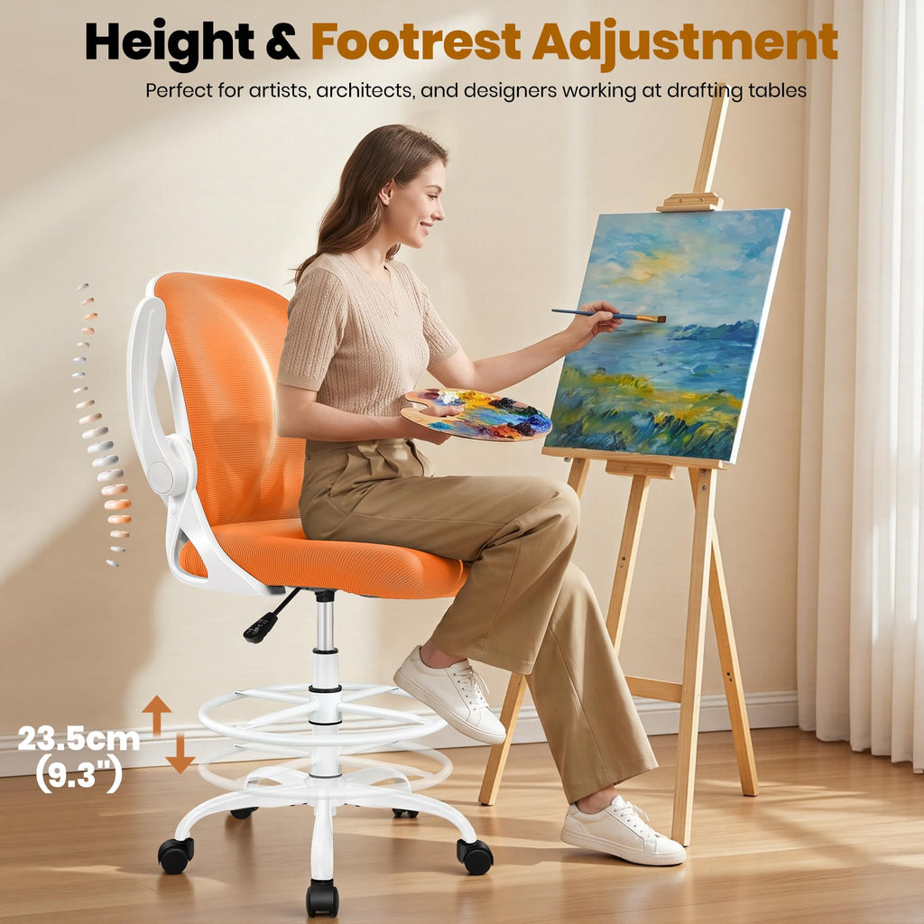 Primy Drafting Chair Tall Office Chair with Flip-up Armrests Executive Ergonomic Computer Standing Desk Chair with Lumbar Support and