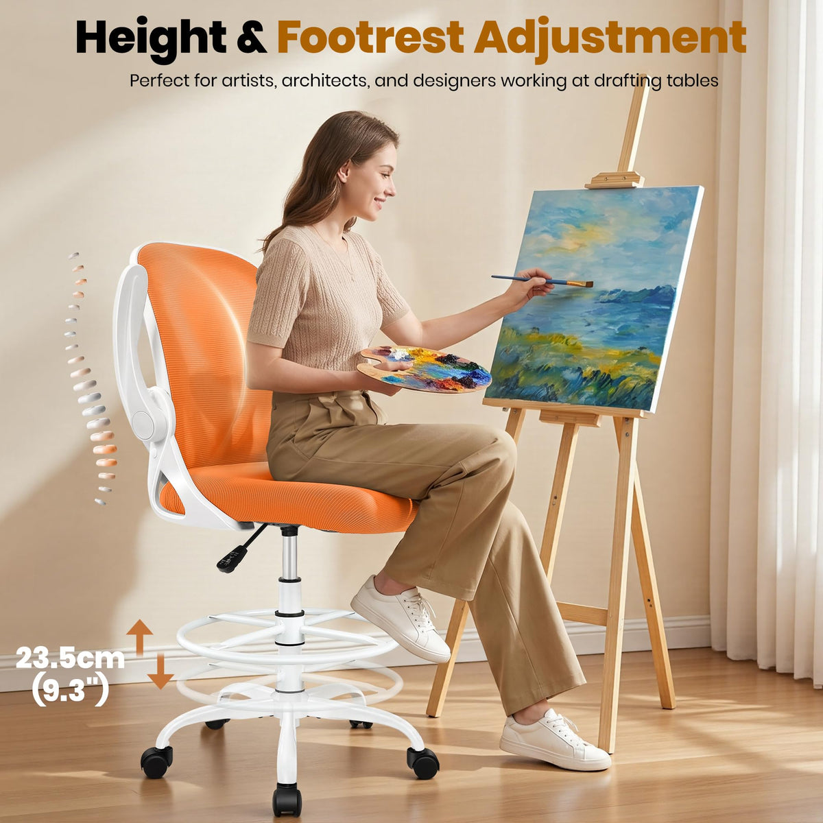 Primy Drafting Chair Tall Office Chair with Flip-up Armrests Executive Ergonomic Computer Standing Desk Chair with Lumbar Support and