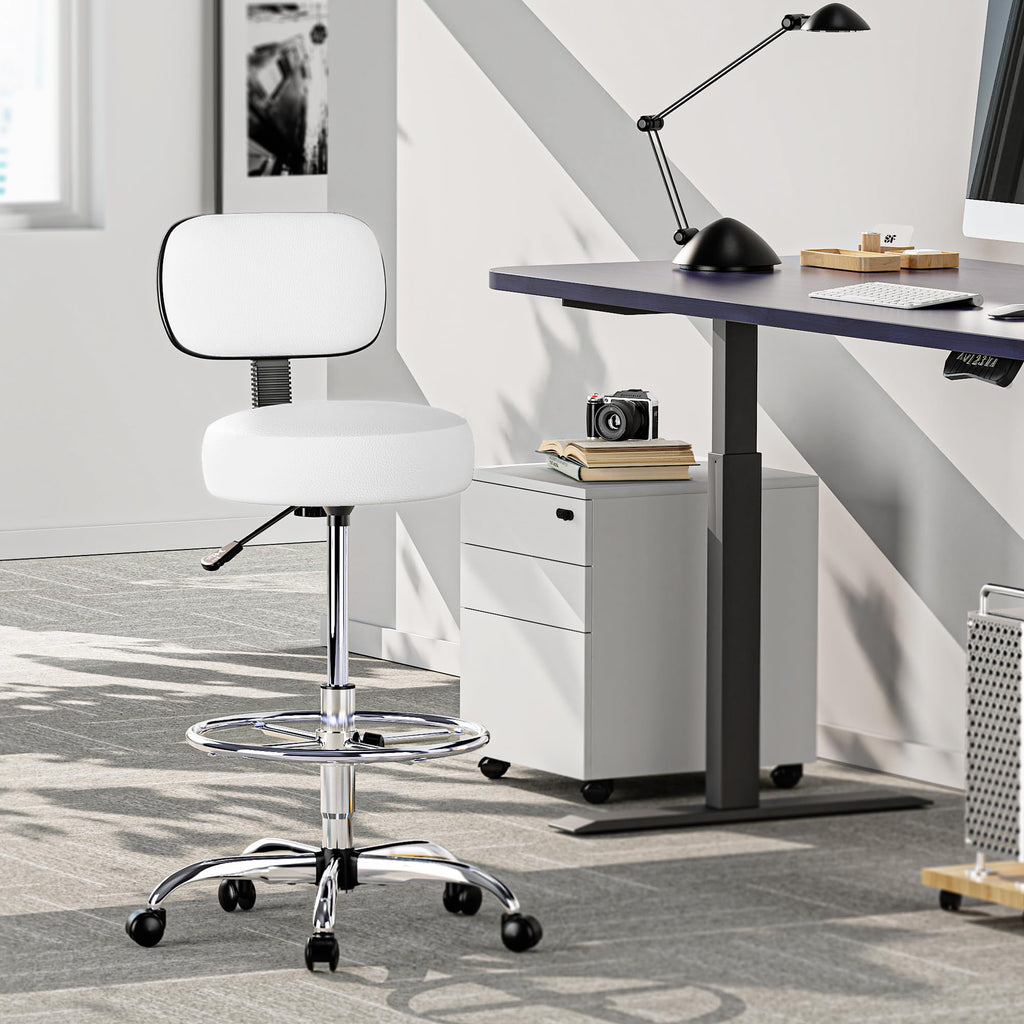 Superjare Drafting Chair with Backrest, Adjustable Foot Rest Rolling Stool, Height: 23.6" - 32.2", White