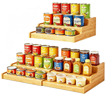 Expandable Bamboo Can Display Organizer for Pantry, 3-Tier Can Storage