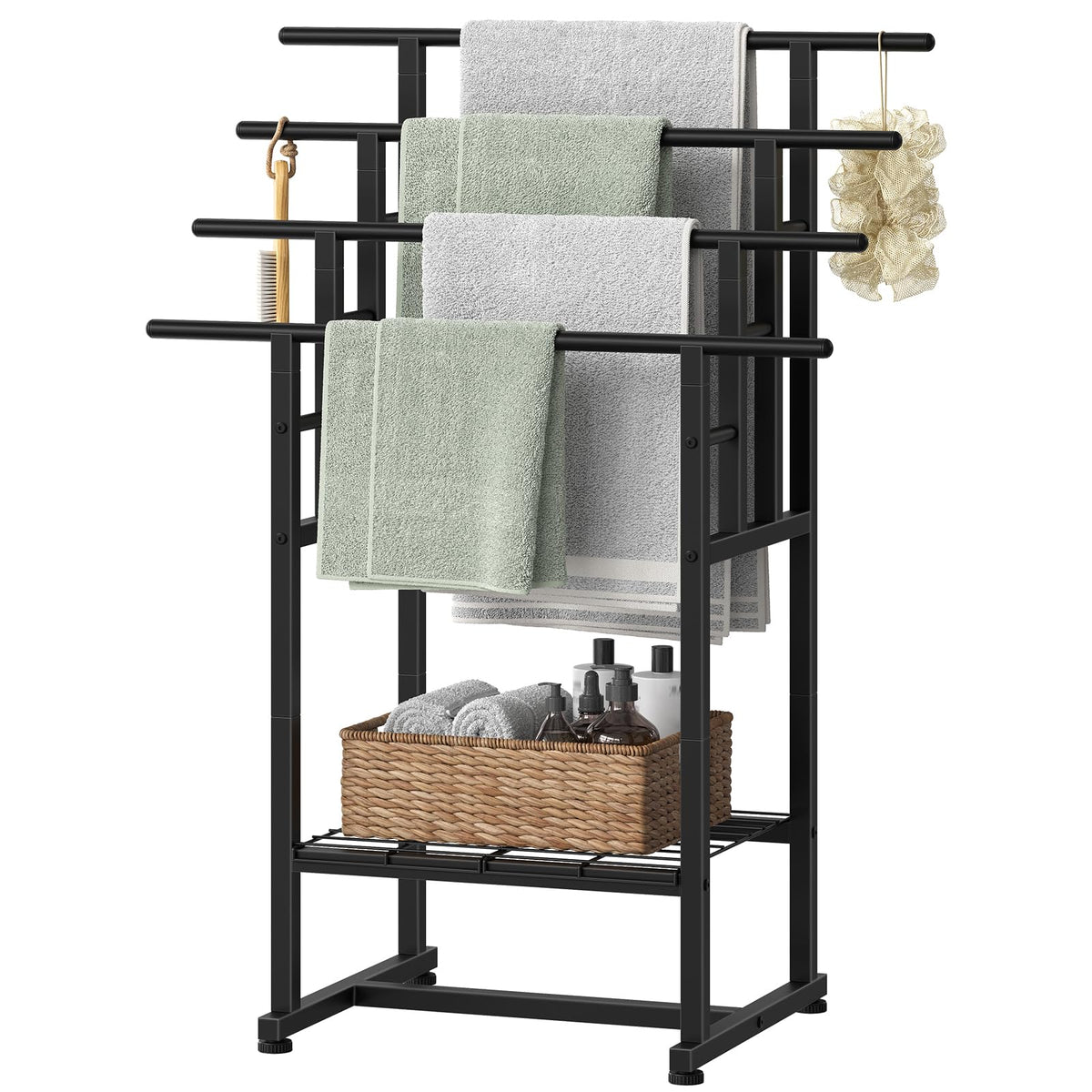 HOOBRO 4-Tier Freestanding Towel Rack, 28.3"L x 15.7"W x 41.3"H, Pool Towel Rack Outdoor, Metal Bathroom Storage Organizer with Bottom Shelf, Standing Blanket Rack, Industrial Style, Black BK16LB01