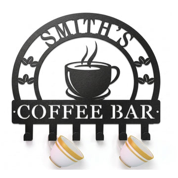 Personalized Coffee Mug Holder Wall Mounted, Custom Name Metal Coffee Bar Sign, Modern Coffee Station Decor & Cup Rack for Kitchen, Coffee Lovers Gift