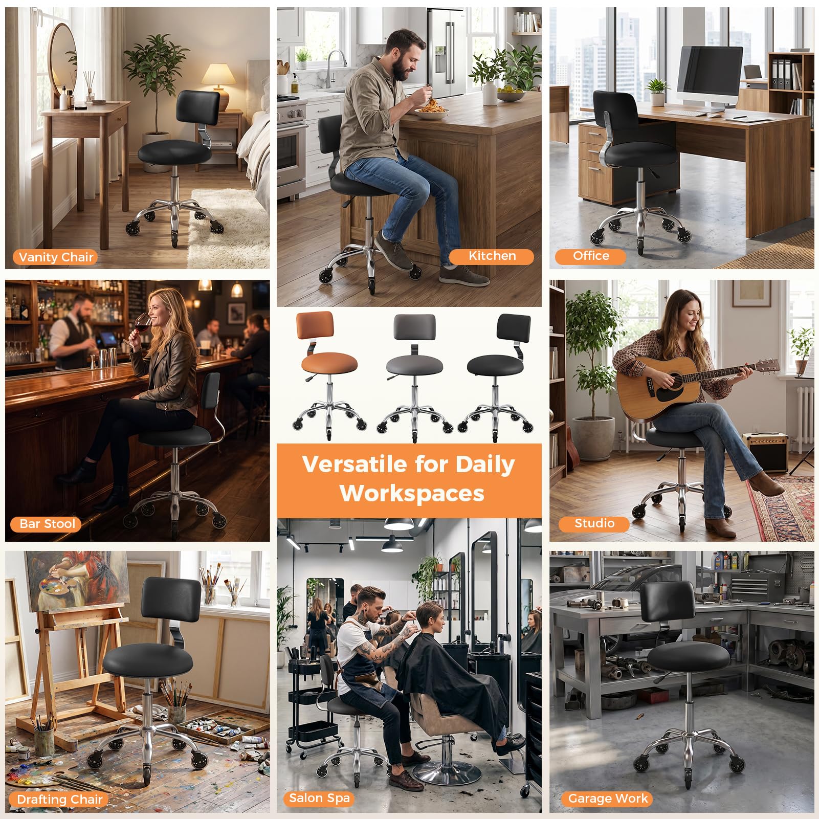 Rolling Stool Chair with Wheels, Office Drafting Chair with Back Support, Height Adjustable Standing Desk Stool with Pu Leather Cushion for
