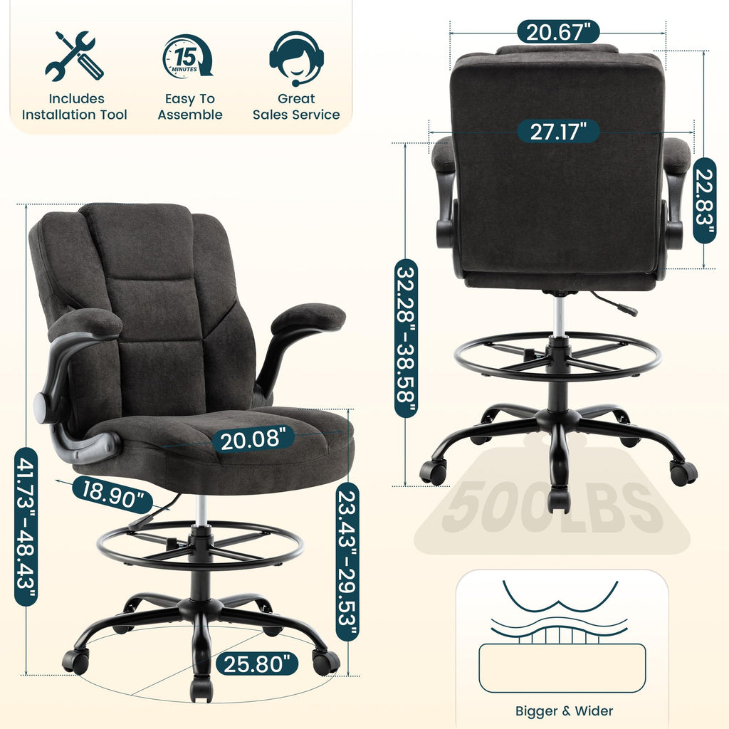 Drafting Chair 500lbs, Tall Office Chair for Standing Desk, High Pu Leather Executive Office Chair with Flip-up Armrests, Ergonomic High Chair