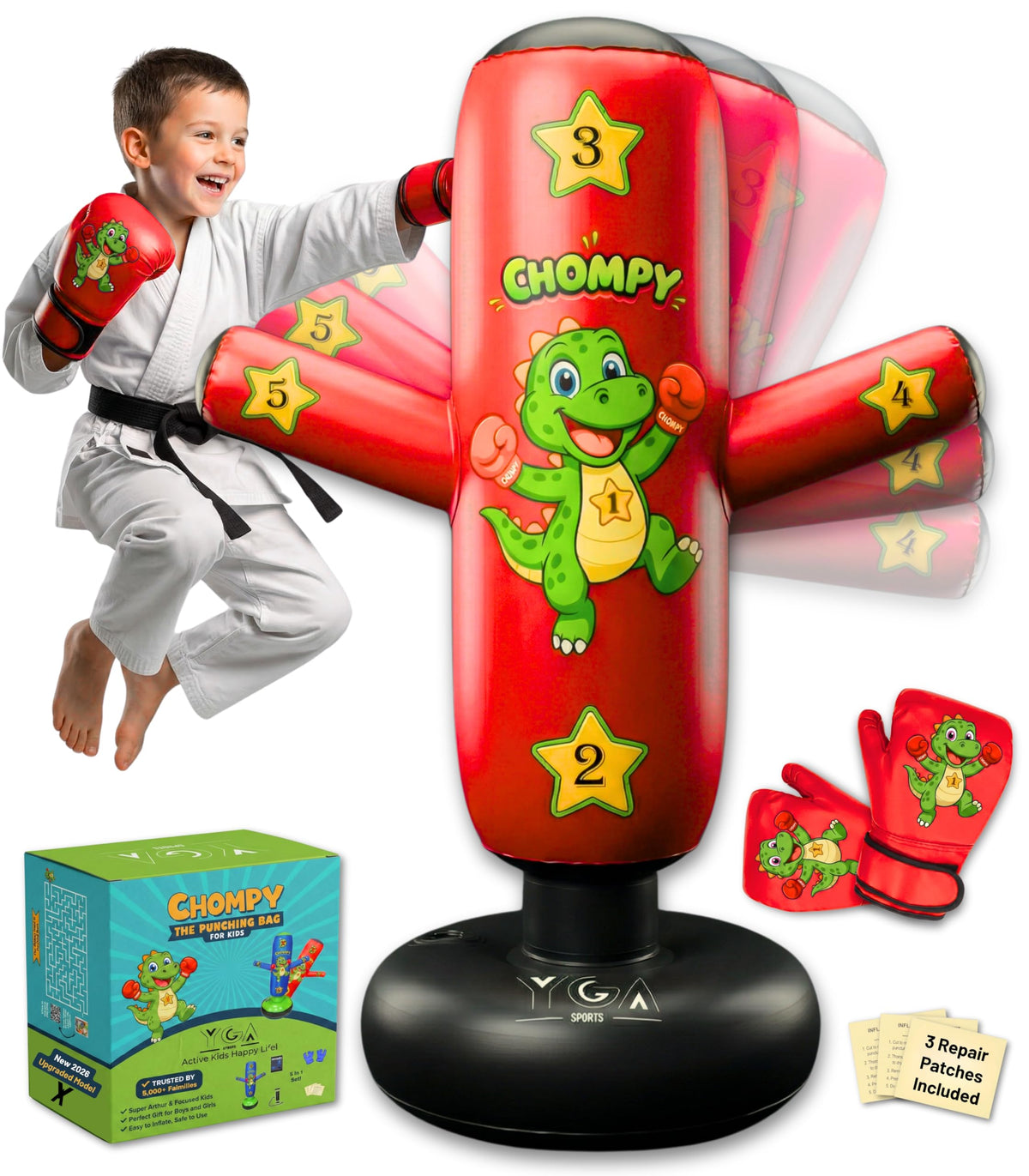CHOMPY Punching Bag for Kids 3-8: Dinosaur 48" Kids Punching Bag with Gloves - Inflatable Kid Boxing Toy Set - Dino Hands with 5 Star Targets for Karate, Taekwondo - Gifts for Boys and Girls