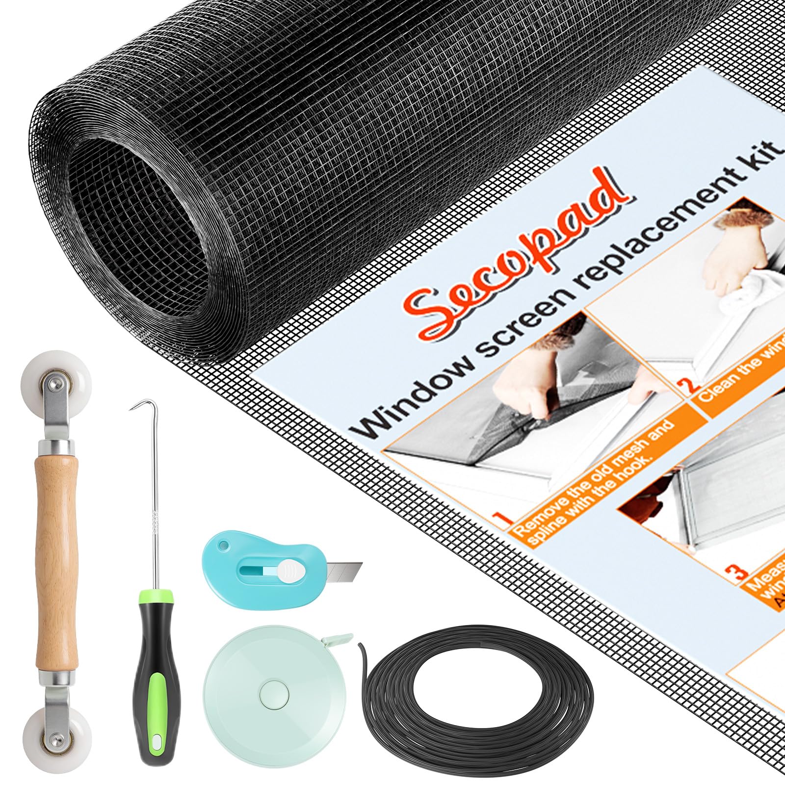 Secopad Window Screen Repair Kit, 39" x 78" Screen Door Mesh Replacement Kit, Durable Fiberglass Roll with Tools for Windows Doors Patio and Porch Replacement, Black