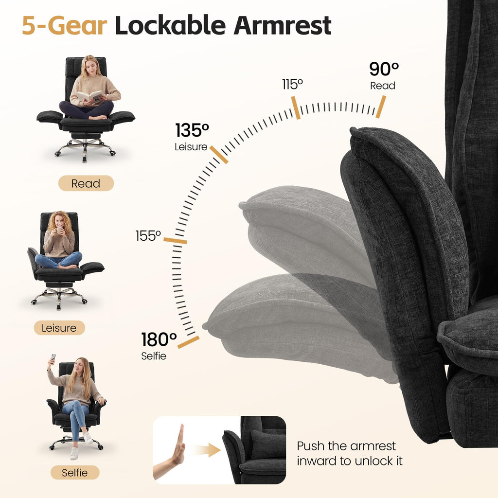 Hubson Big and Tall Office Chair, Footrest & Flip Armrest for Pets, Black, Chenille