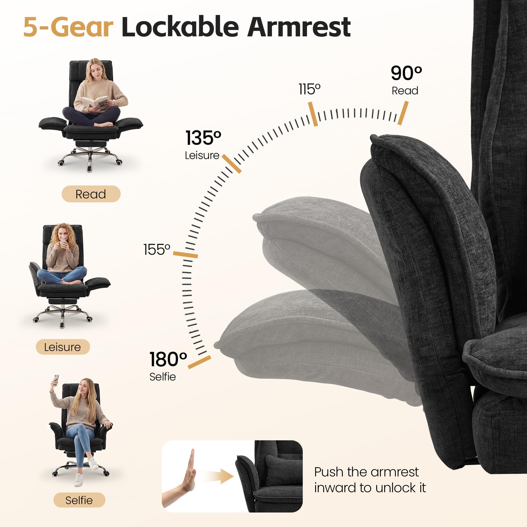 Hubson Big and Tall Office Chair, Footrest & Flip Armrest for Pets, Black, Chenille