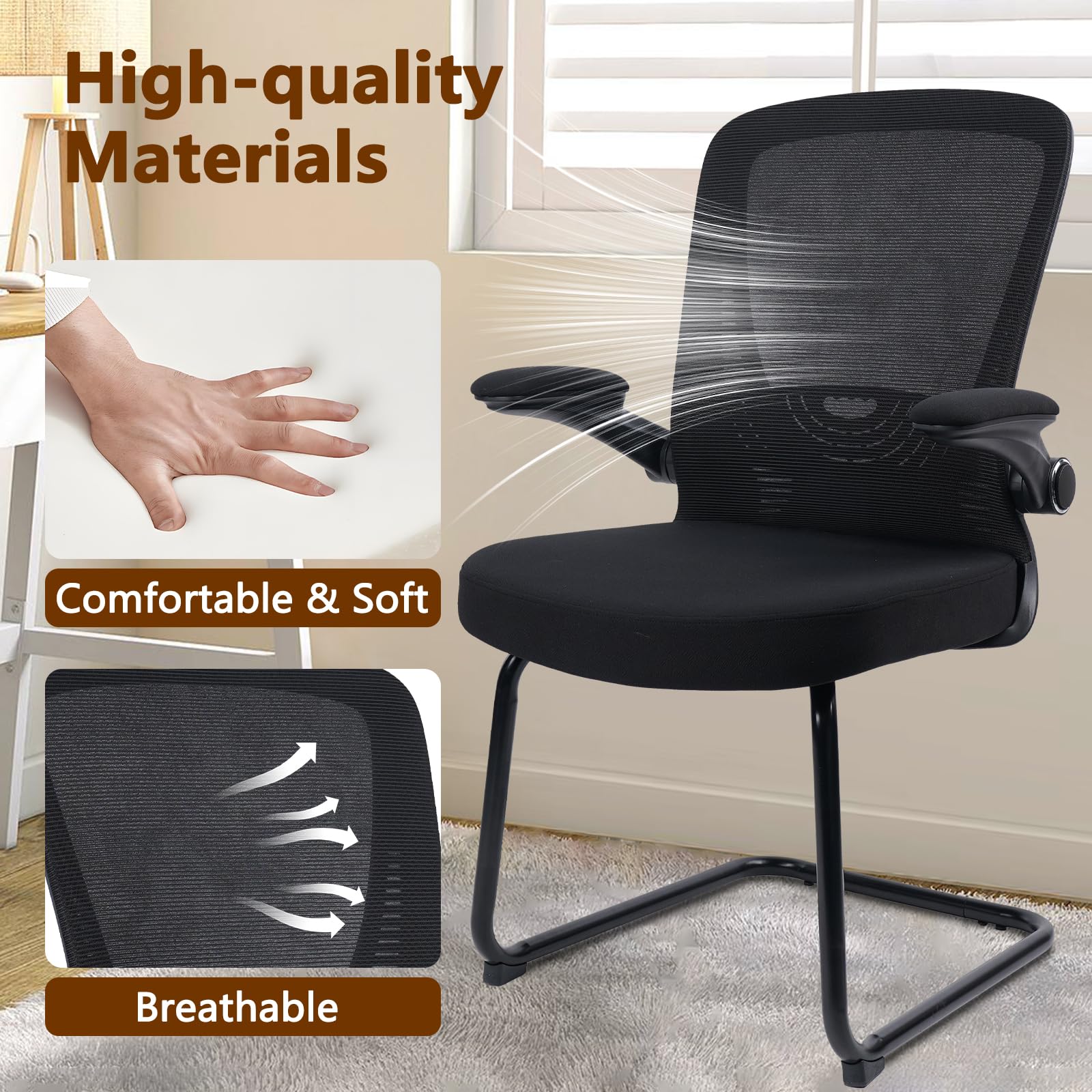 Clatina Office Guest Chair No Wheels, Ergonomic Mesh Desk Chair Adjustable Lumbar Support and Flip Up Arms, Sled Base for Office Guest &