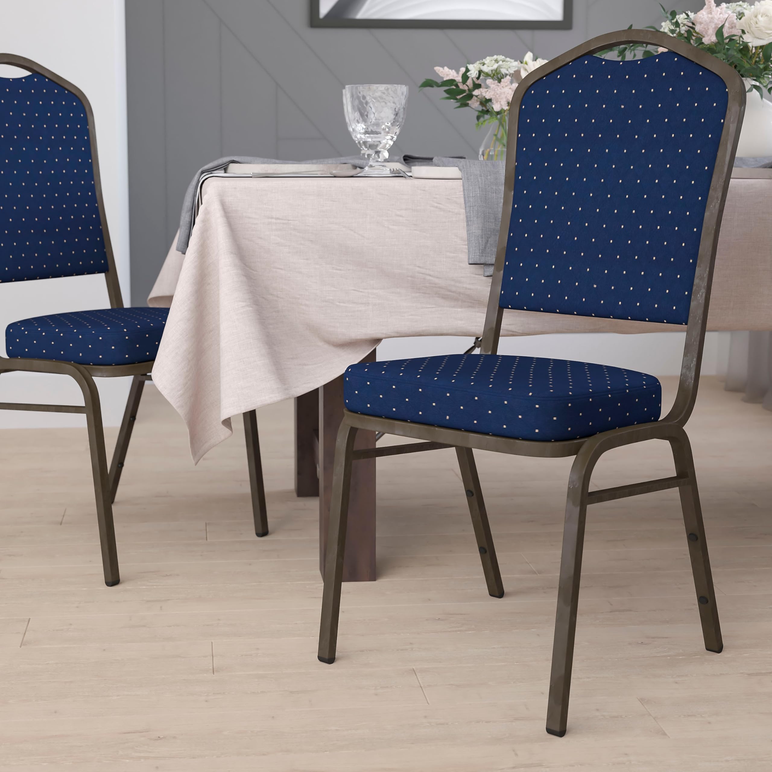 Flash Furniture Hercules Crown Back Stackable Banquet Chair, Navy Blue, Set of 1, Navy Blue Dot Patterned Fabric/gold Vein Frame