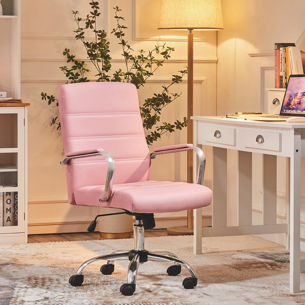Yaheetech Pink Office Chair Pu Leather Swivel Rocking Desk Seat with Arms, 24? W × 25? D × (38-41.5)? H