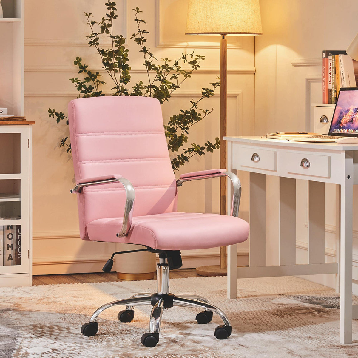 Yaheetech Pink Office Chair Pu Leather Swivel Rocking Desk Seat with Arms, 24? W × 25? D × (38-41.5)? H