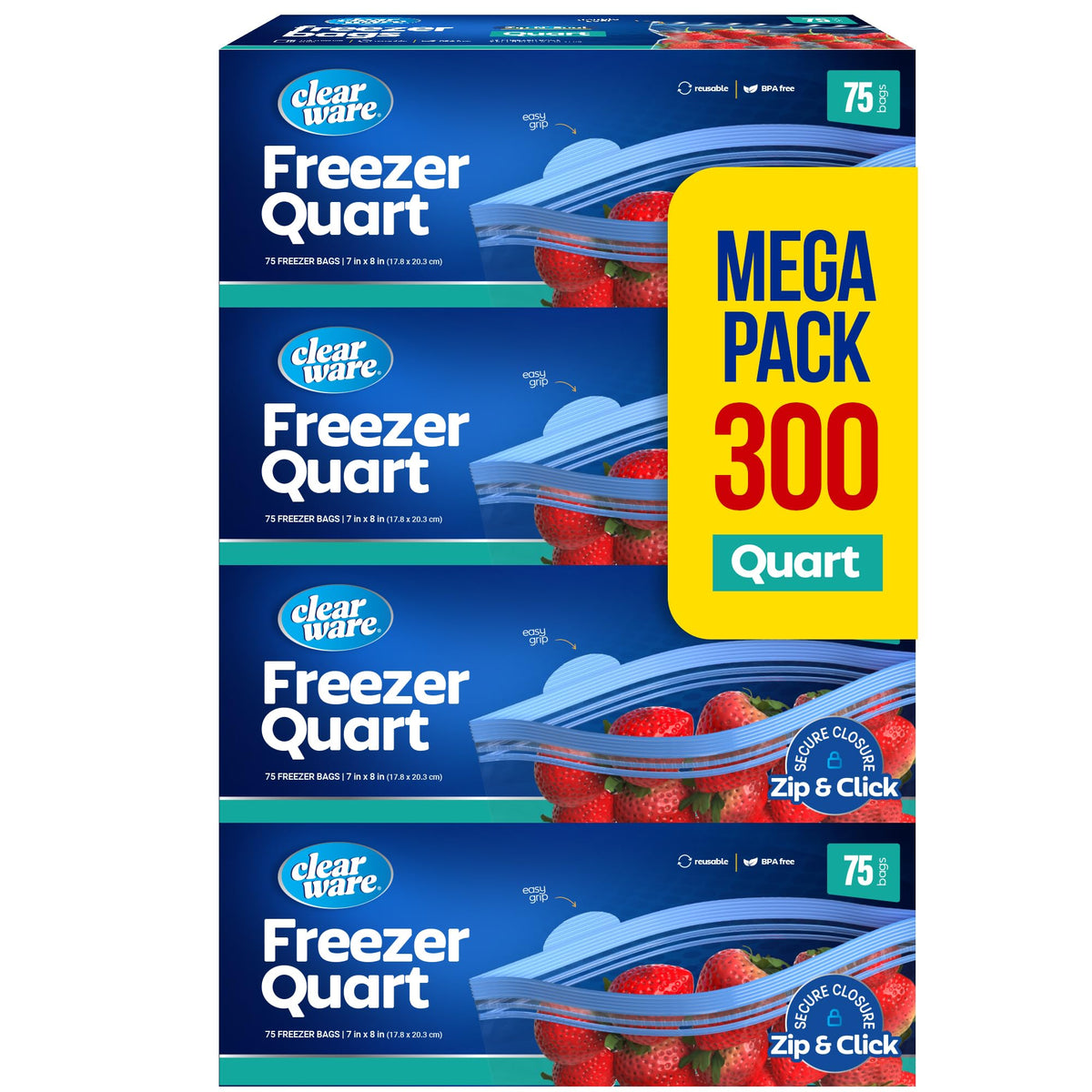 Quart Freezer Bags - Double Zipper Seal -300 Count, (4 Packs of 75) Resealable Plastic Freezer Containers - Reusable Pouches for Food Storage, Meat, Fresh Vegetables, Fruit - Microwave-Safe, BPA Free