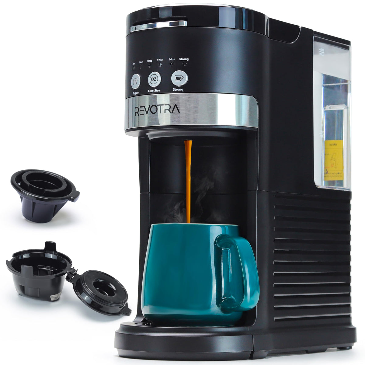 REVOTRA Single Serve Coffee Maker for Pods & Ground Coffee, 6 to 14oz Brew Sizes, Strong Brew Option, Fast Brewing, Compact Design with Removable 40oz Reservoir