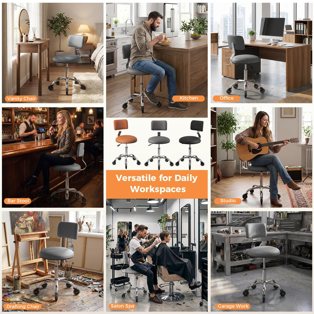 Rolling Stool Chair with Wheels, Office Drafting Chair with Back Support, Height Adjustable Standing Desk Stool with Pu Leather Cushion for