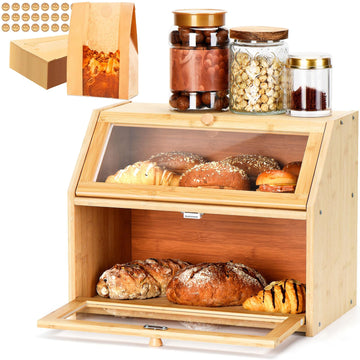 Wcatea Bread Box for Kitchen Countertop, Large Double Layer Bamboo Bread Storage Box with Clear Door, Includes 20 Bread Bags & Labels, Farmhouse Kitchen Storage Organizer (Natural Bamboo)
