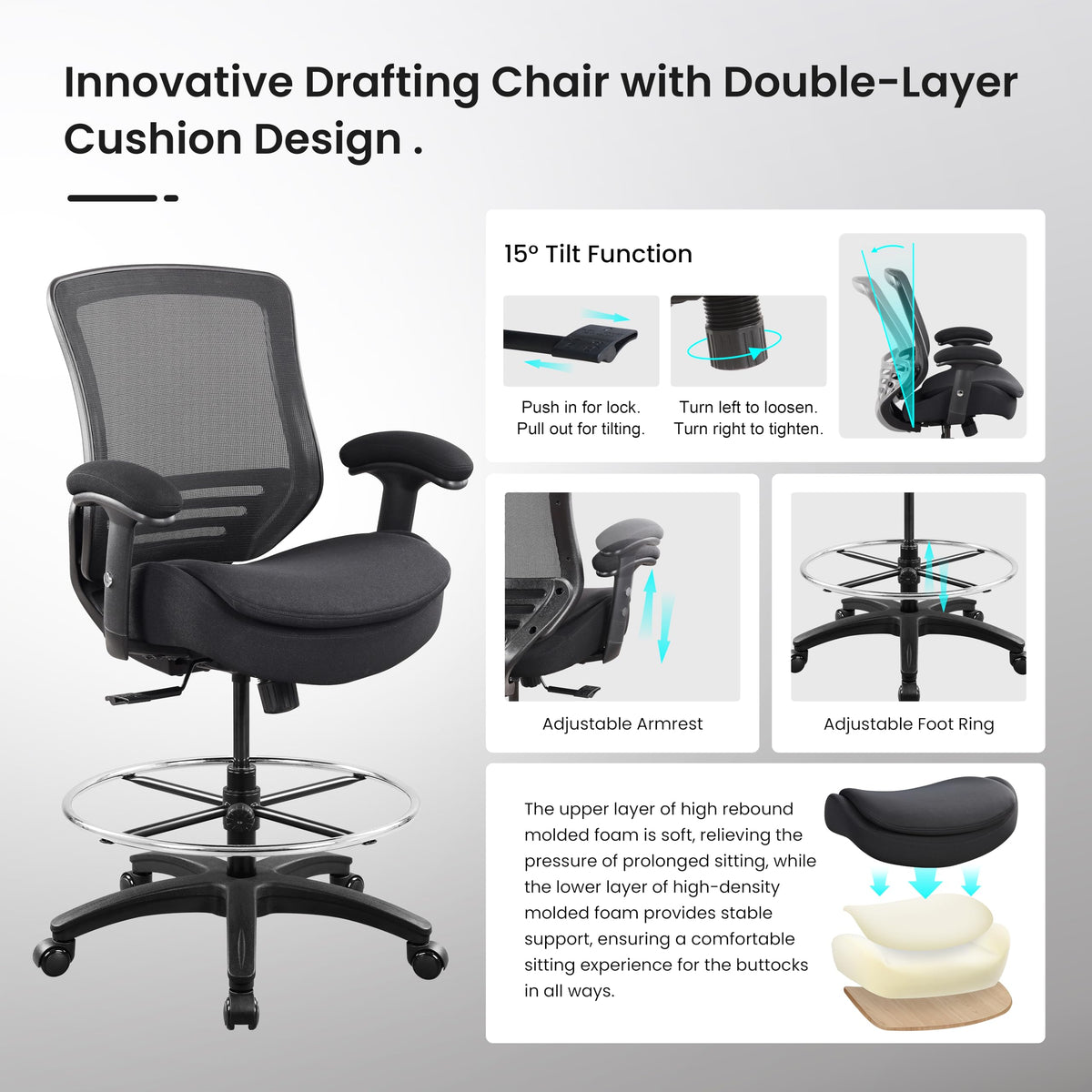 Boliss Ergonomic Mesh Computer Office Drafting Chair with Super Soft Adjustable Arms Molded Foam Seat Cushion and Lumbar Support-dark Grey