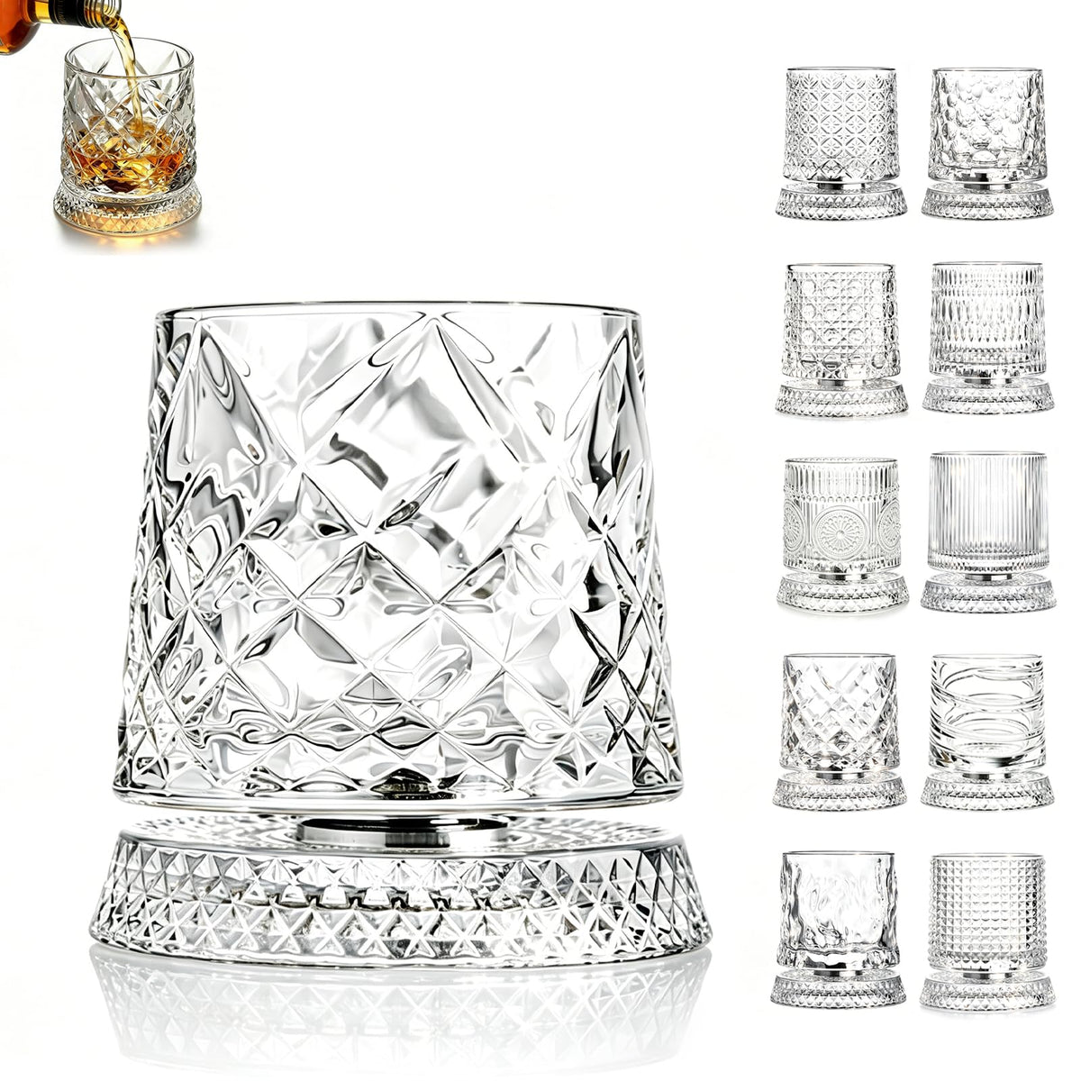 Rotating Whiskey Glass, 360°Spinning Crystal Bourbon Tumbler for Stress Relief, Lead-Free Old Fashioned Glass with Heavy Base, 100% Hand-Inspected Scotch Glass, Unique Gift for Men Dad Husband.