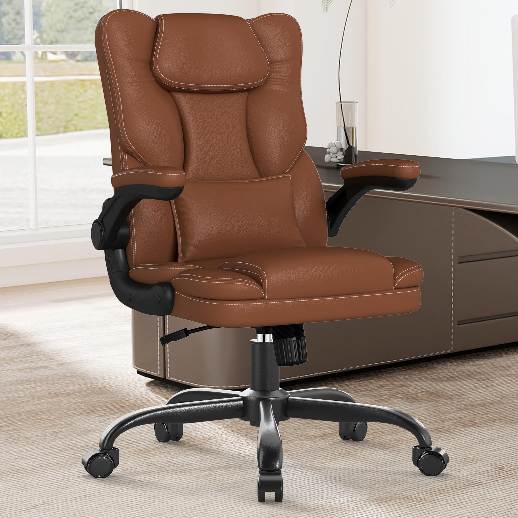 Ergonomic Office Chair Flip Up Arms Lumbar Support Home Office Desk Chair, Middle, Brown