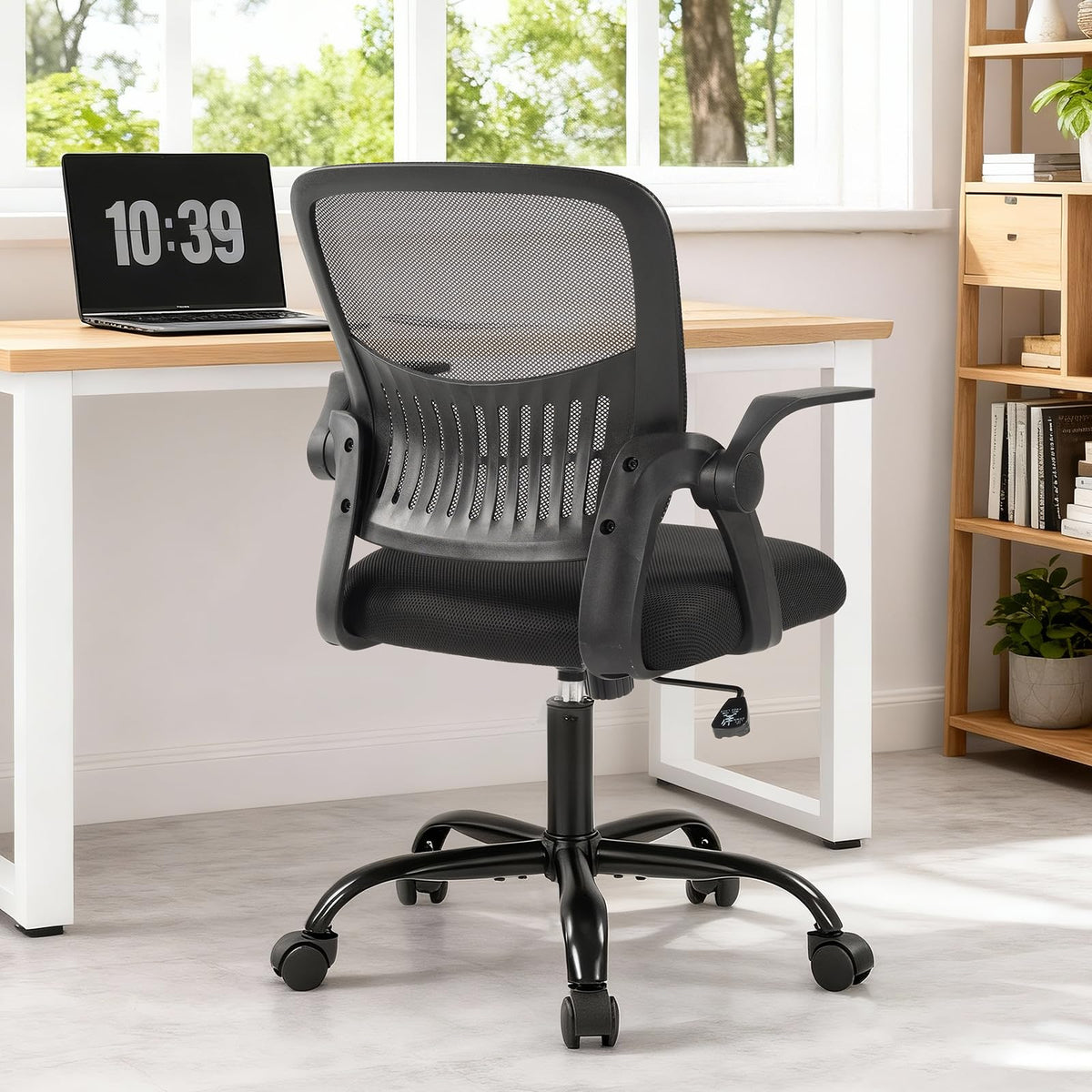 Sweetcrispy Home Office Managerial Executive Chair, Flip Up Armrest Ergonomic Mesh Adjustable Swivel Mid-back Computer Desk Chair with