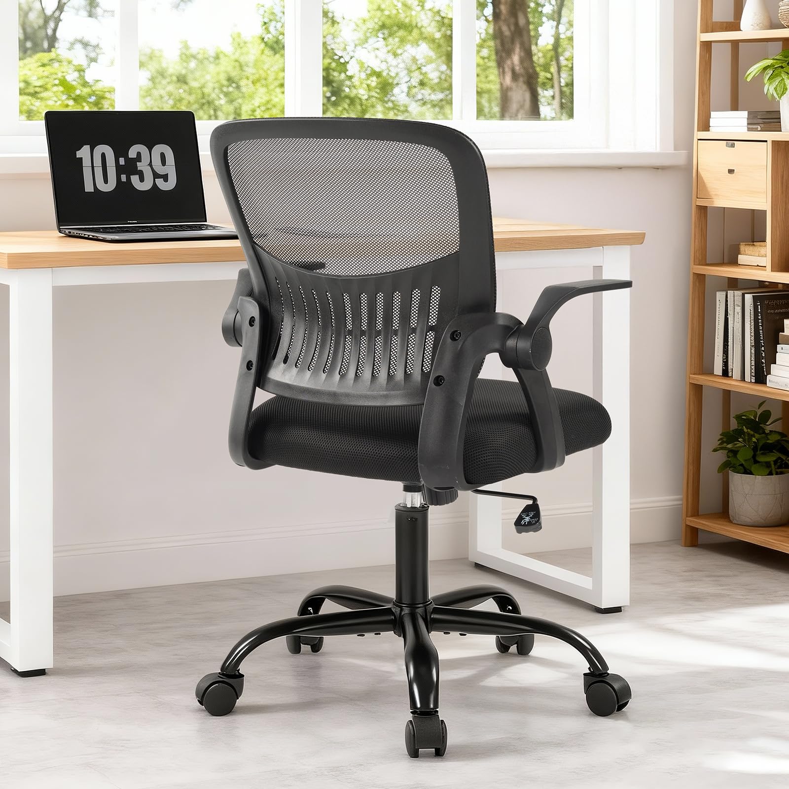 Sweetcrispy Computer Desk Chair, Home Office Chair, Lumbar Support, Black, 18.31"D&Flip-up Arms