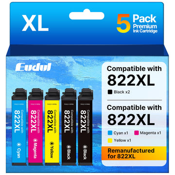 Remanufactured Replacement for Epson 822XL Ink Cartridges for Epson 822 Ink Cartridges Combo Pack Work for Workforce Pro WF-3820 WF-4820 WF-4830 WF-4833 Printer (5 Pack, 2Black Cyan Magenta Yellow)