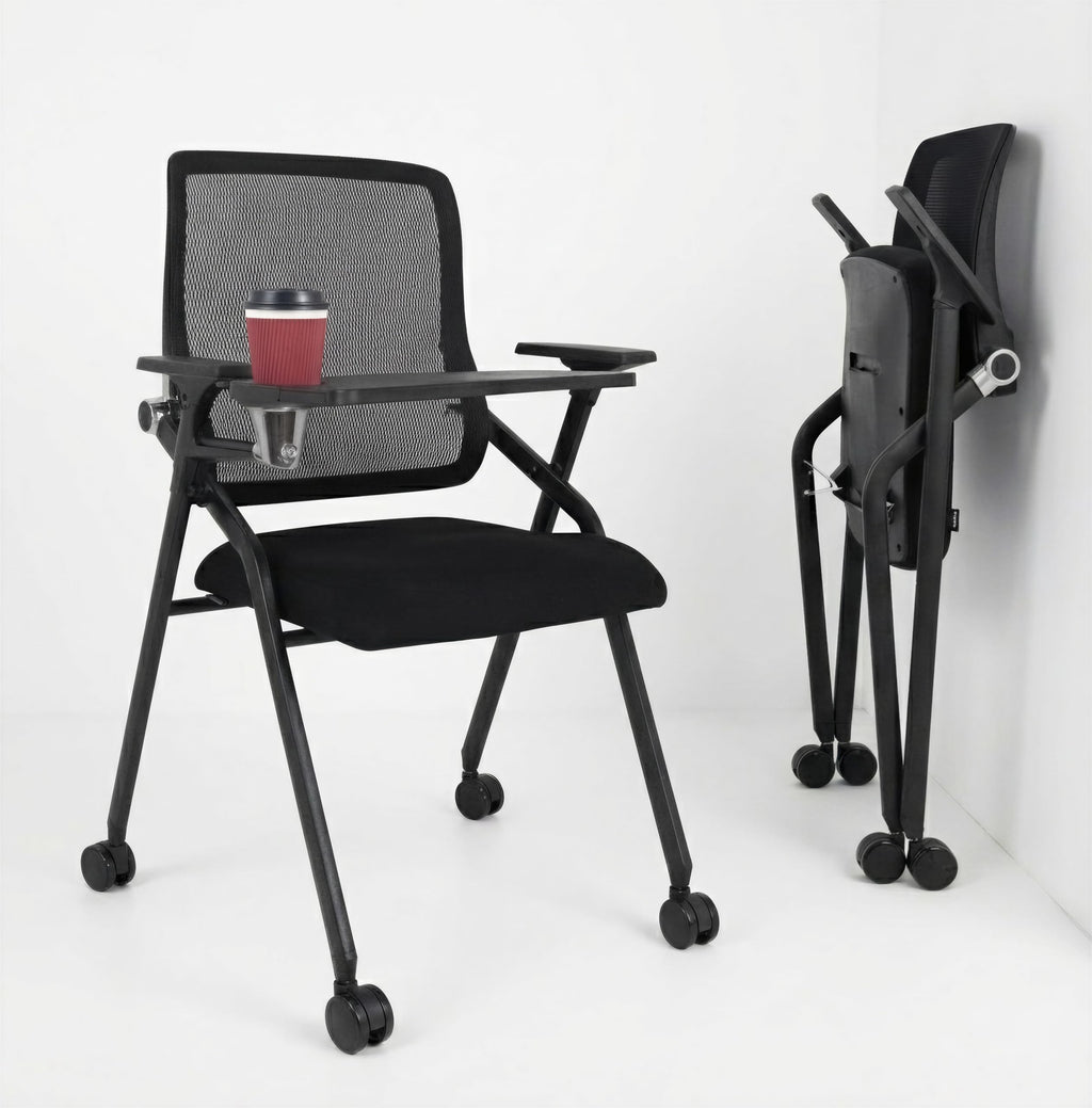 Blaneduo Updated Conference Room Chairs with Tablet Arm, Folding Office Desk Chair with Lumbar Support and Sliding Armrest with Casters,