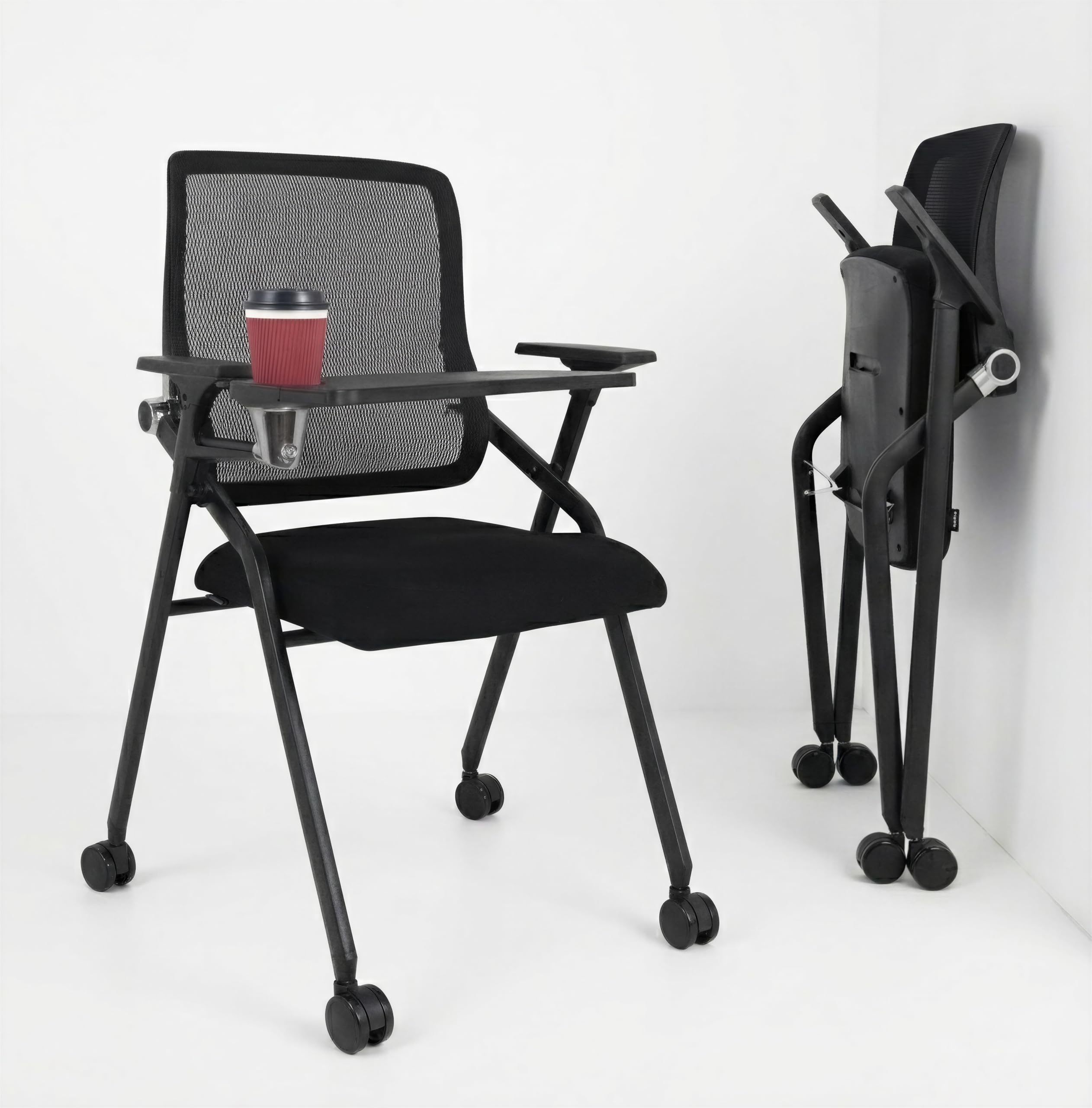 Blaneduo Updated Conference Room Chairs with Tablet Arm, Folding Office Desk Chair with Lumbar Support and Sliding Armrest with Casters,