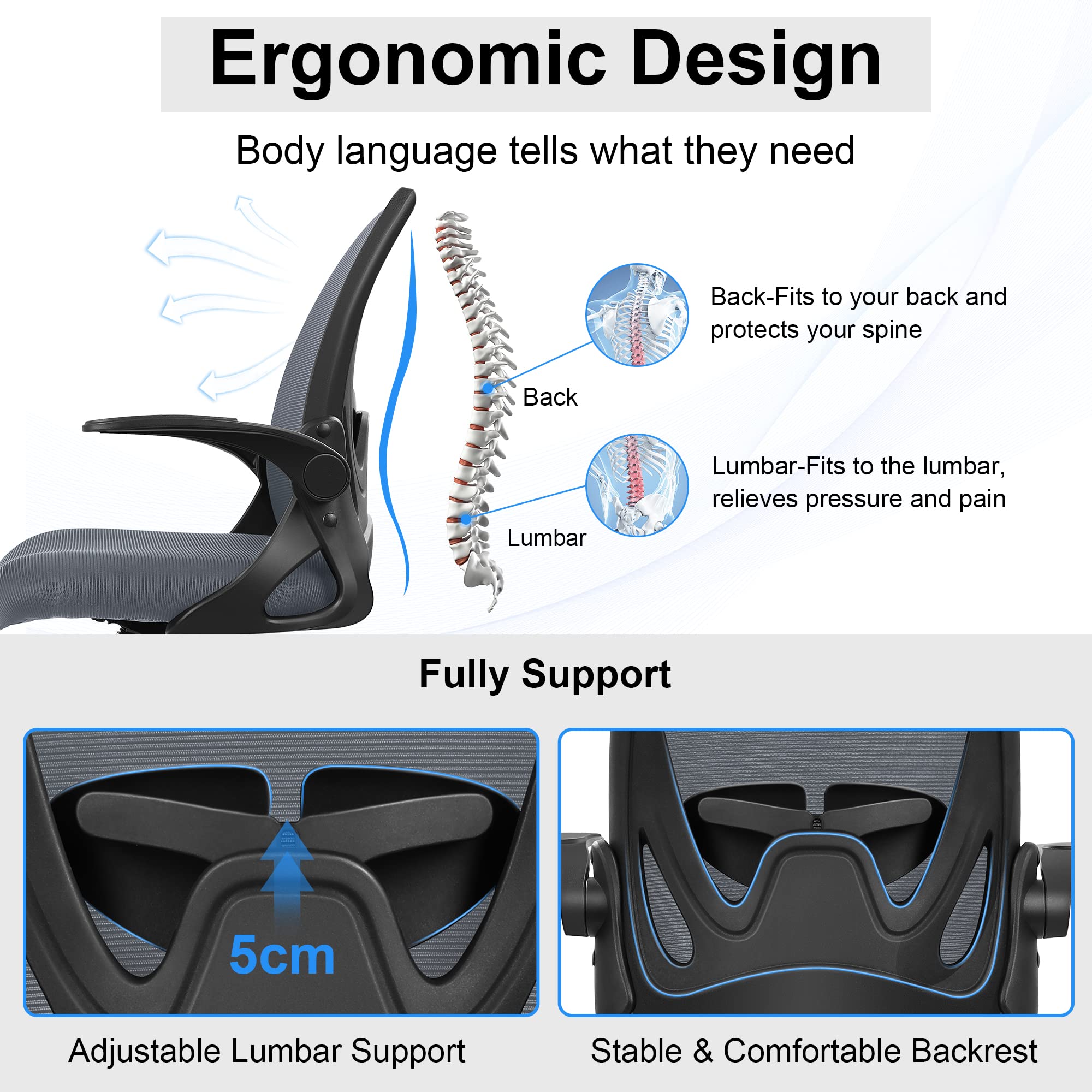 Primy Office Chair Ergonomic Desk Chair with Adjustable Lumbar Support and Height, Swivel Breathable Desk Mesh Computer Chair with Flip Up