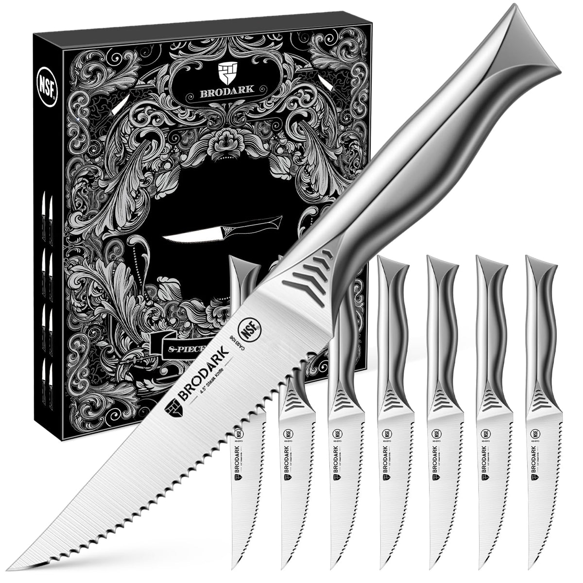 Steak Knives Set of 8: 4.5 Inch Serrated Steak Knives - High Carbon Stainless Steel Kitchen Steak Knife Set - Never Need Sharpening - NSF Certified, Shark Series