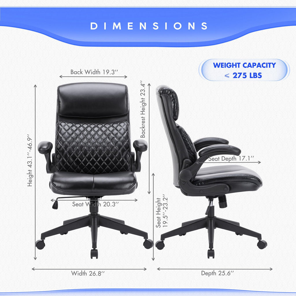 Colamy Home Office Chair 275lbs Executive Leather Office Chair with Padded Flip-up Arms, Adjustable Height and Tilt Lock, Black, Bright Black