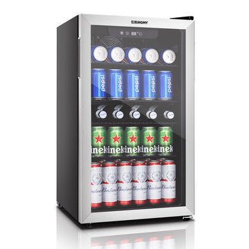 E EUHOMY Beverage Refrigerator and Cooler, Small Refrigerator with Adjustable Shelves for Soda Beer or Wine, 125 Can Mini fridge with Glass Door, Perfect for Home/Bar/Office, Silver
